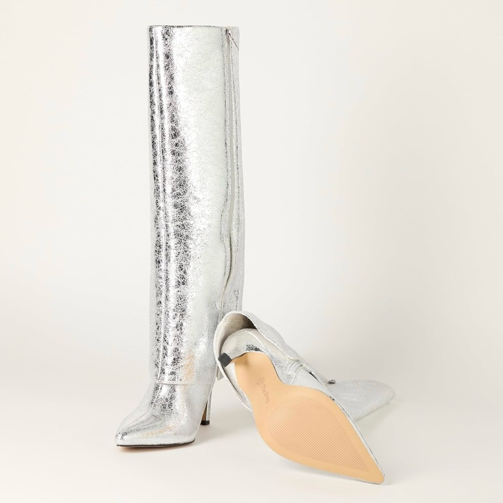 Silver Knee-High Heeled Boots - Women